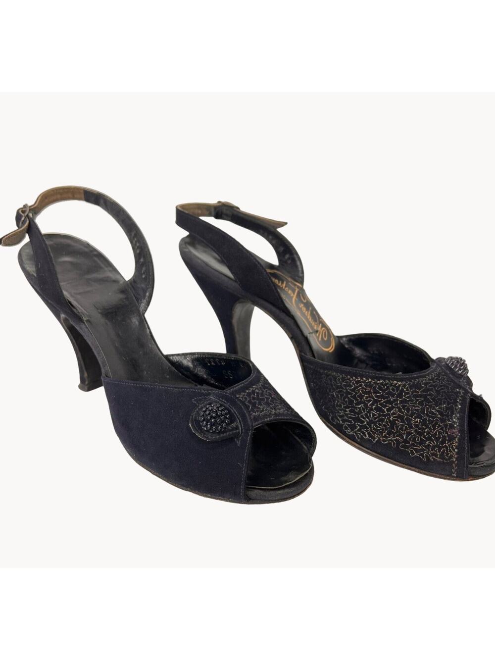 Vintage Navy Sling Back Peep Toe Heels 40s 50s Windsor Fashions Size 6.5 Shoes